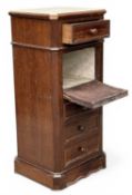 ANTIQUE MAHOGANY POT CUPBOARD, with multiple drawers, drop-down centre, and marble top, 88 (h) x