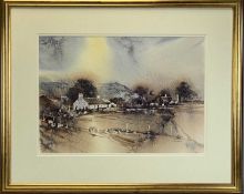 ‡ JOHN MORRIS (Welsh b.1922) watercolour - landscape with cottages, signed lower right, indistinctly