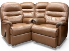 MODERN THREE-PIECE MANUAL RECLINING SUITE in tan coloured upholstery, comprising two-seater sofa,