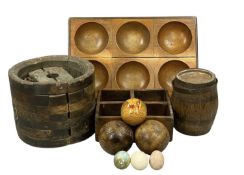 TREEN ITEMS including six-compartment coin tray, cider barrel, four-compartment box, etc.