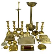 ASSORTED BRASSWARE, including four pairs of candlesticks, German desk stand with twin inkwells,