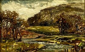 20TH CENTURY BRITISH SCHOOL oil on board - landscape with river (Kinsey Crag near Bolton Abbey),