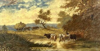T. DUTTON (British, 18th century) oil on canvas - cattle watering with hay wain beyond, signed lower