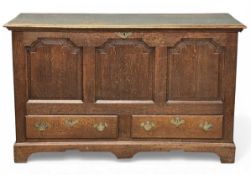 19TH CENTURY OAK MULE CHEST, with three fielded panels and two base drawers, brass drop handles,