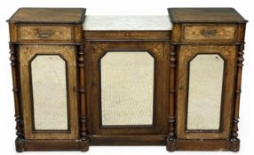 VICTORIAN WALNUT CREDENZA, with inverted front, marble top, and three mirrored doors, 92 (h) x