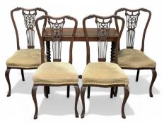 SET OF FOUR ANTIQUE CHIPPENDALE STYLE MAHOGANY CHAIRS, with fretwork and spindle backs; together