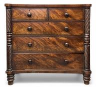 VICTORIAN FLAME MAHOGANY CHEST, of two over three long drawers, with twist and turned columns,