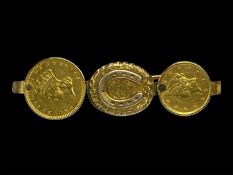 USA $1 COIN BROOCH, set with a gold USA Indian Princess head $1, and a USA gold Liberty Head $1,