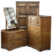 OAK LINEN FOLD TWO-DOOR WARDROBE, by Jaycee, 168 (h) x 94 (w) x 47cms (d); similar era chest of