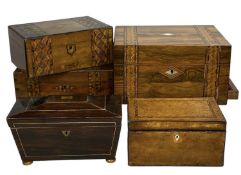 REGENCY ROSEWOOD SARCOPHAGUS FORM TEA CADDY, and various other boxes including parquetry inlaid