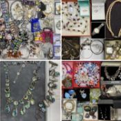 GOOD & LARGE ASSORTMENT OF COSTUME JEWELLERY, come silver, including necklaces, bracelets, and