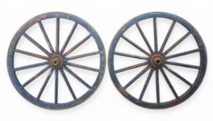 PAIR OF PAINTED WAGON WHEELS for garden use, 94cms (diam.) Provenance: deceased estate Conwy