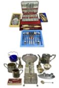 ASSORTED PLATED ITEMS, including three-piece tea service, pair of candlesticks, various cased