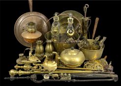 ASSORTED BRASS & COPPER, including skillet, saucepan, oil lamp, warming pan, fire tongs, etc.