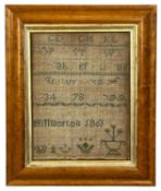 VICTORIAN WARWICKSHIRE NEEDLEWORK ALPHABET SAMPLER by Ann Chamberlain, Hillmorton, 1861, in period