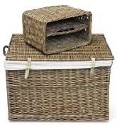WICKER LAUNDRY TYPE BASKET, with hinged lid and handles, 52 (h) x 75 (w) x 50cms (d); and a