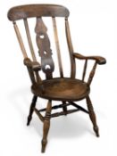VINTAGE OAK & ELM FARMHOUSE ELBOW CHAIR having splat-back and circular seat, 107 (h) x 61 (w) x