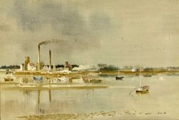 ‡ ROLAND VIVIAN PITCHFORTH RA (1895-1982) watercolour - moored boats with industrial buildings
