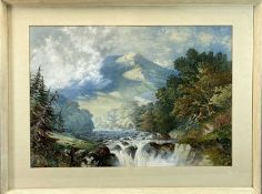 MODERN EUROPEAN / BRITISH SCHOOL large watercolour - mountainous landscape with waterfall and sheep,