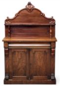 VICTORIAN MAHOGANY CHIFFONIER, two-cupboard base with single shelf scrolled back, 167 (h) x 107 (