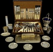 VARIOUS PLATED ITEMS, including oak-cased canteen of cutlery, two glass dressing table jars with