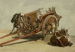 EDWARD DUNCAN (Welsh 1803-1882) watercolour - cart with horse and cow tethered, signed and dated