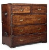 VICTORIAN TEAK CAMPAIGN CHEST, having recessed brass corners and handles, iron side carry handles,