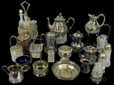 ASSORTED PLATED WARE, including tea and hot water pots, four-bottle cruet stand, boxed coaster, etc.