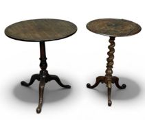 ANTIQUE CIRCULAR TRAY-TOP WINE TABLE, with tripod twist-columned base, 69 (h) x 65cms (diam.); and