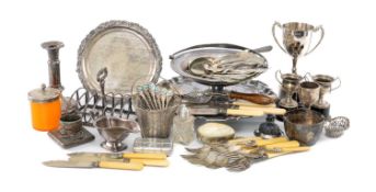 ASSORTED ELECTROPLATED ITEMS including salvers, bread basket, telescopic candlestick, various trophy