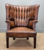 GEORGE II STYLE BARREL-BACK LEATHER ARMCHAIR, reupholstered in mid-brown hide, 105 (h) x 85cms (w)