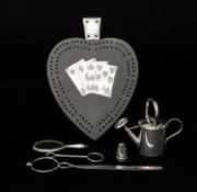 ASSORTED COLLECTABLE NOVELTY SILVER & PLATE, comprising ebony spade-shaped cribbage board, rare