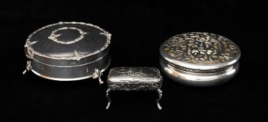 THREE SILVER DRESSING TABLE BOXES, comprising 19th Century novelty Dutch .930 standard miniature