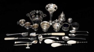 ASSORTED SILVERWARE & PLATE, including cruets, silver napkin ring, silver sugar bowl (lacks