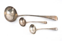 THREE SILVER LADLES, comprising Victorian soup ladle, John Aldwinckle & Thomas Slater, London