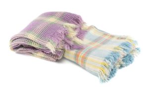 PASTEL PLAID BLANKET TOGETHER WITH A VINTAGE WAFFLE BLANKET both in light pastel colours with the