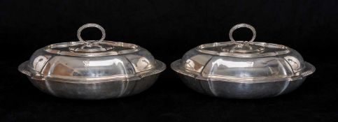 PAIR OF GEORGE V SILVER ARMORIAL ENTRÉE DISHES, Thos Bradbury & Sons, London 1910, covers both