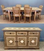 CONTEMPORARY LIMEWASH HARDWOOD DINING SUITE, comprising extending dining table with parquet design