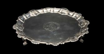 GEORGE III SILVER ARMORIAL WAITER, Ebenezer Coker, London 1762, circular shell & scrolled form, on