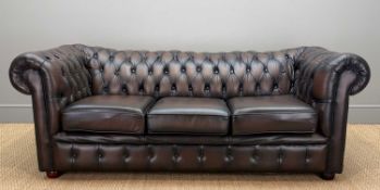 CONTEMPORARY THREE-SEATER CHESTERFIELD SOFA, dark brown / smoke hide upholstery, 190 x 88cms