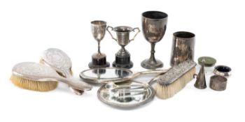 ASSORTED SILVERWARE including Christening mug with monogram, goblet, two small trophy cups, hand