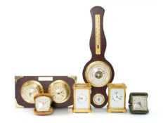ASSORTED CLOCKS & TIMEPIECES, comprising two gilt metal carriage clocks, two leather cased folding