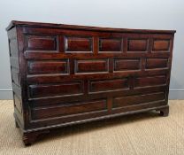 LARGE 18TH CENTURY WELSH JOINED OAK PANELLED COFFER, possibly Merionethshire, strut hinged triple-