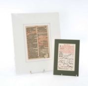 TWO 16TH CENTURY PRINTED LATIN PAGES, comprising a leaf from a Processional, printed in red Gothic