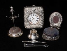 ASSORTED SILVER & PLATE DRESSING TABLE/ DESK ACCESSORIES, comprising Victorian goliath watch in