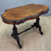 EARLY VICTORIAN BURR WALNUT CARD TABLE, shaped and carved top, carved columns tied by baluster