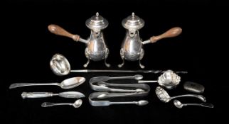 ASSORTED ANTIQUE SILVER, comprising GIII bright cut tablespoon, GIV butter knife, two GIV sugar