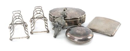 ASSORTED SILVERWARE comprising pair of five-bar toast racks, shaped oval jewellery box, oval