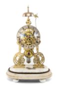 19TH C. BRASS SKELETON CLOCK, single train 8-day fusee movement, with pierced scroll frame raised on