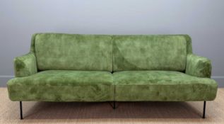 CONTEMPORARY THREE-SEATER SOFA, pea green 'velvet' upholstery, raised on five slender metal legs, 80